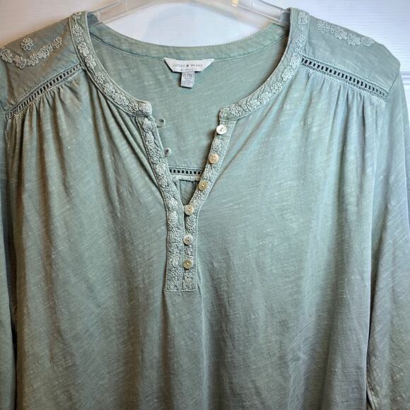 Lucky Brand Embroidered Henley Peasant Top Long Sleeve Split V-Neck Sz XL Green - Picture 9 of 14